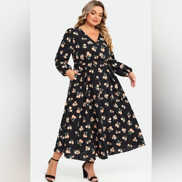 NEW NWT MeetCurve Floral Print Pocket Lantern Sleeve Wrap Maxi Dress 4XL - Picture 5 of 7